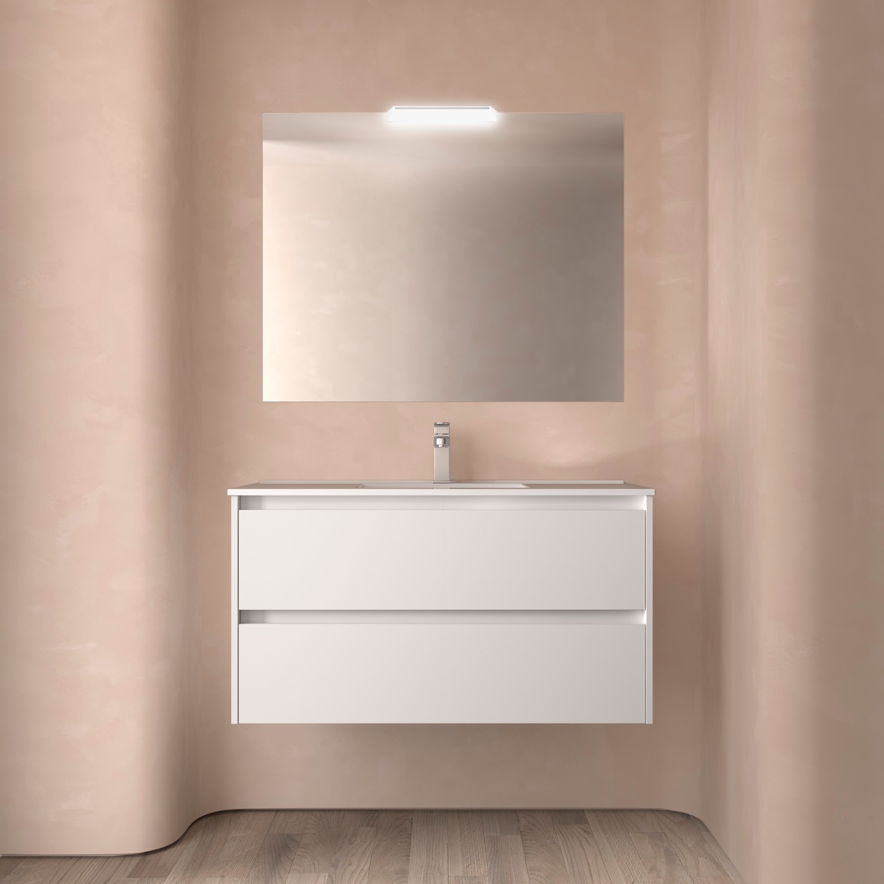 Photo Meuble salle de bain NOJA 1000 2 tiroirs WHITE SATIN Vasque Miroir Applique  | Ref : 105427
