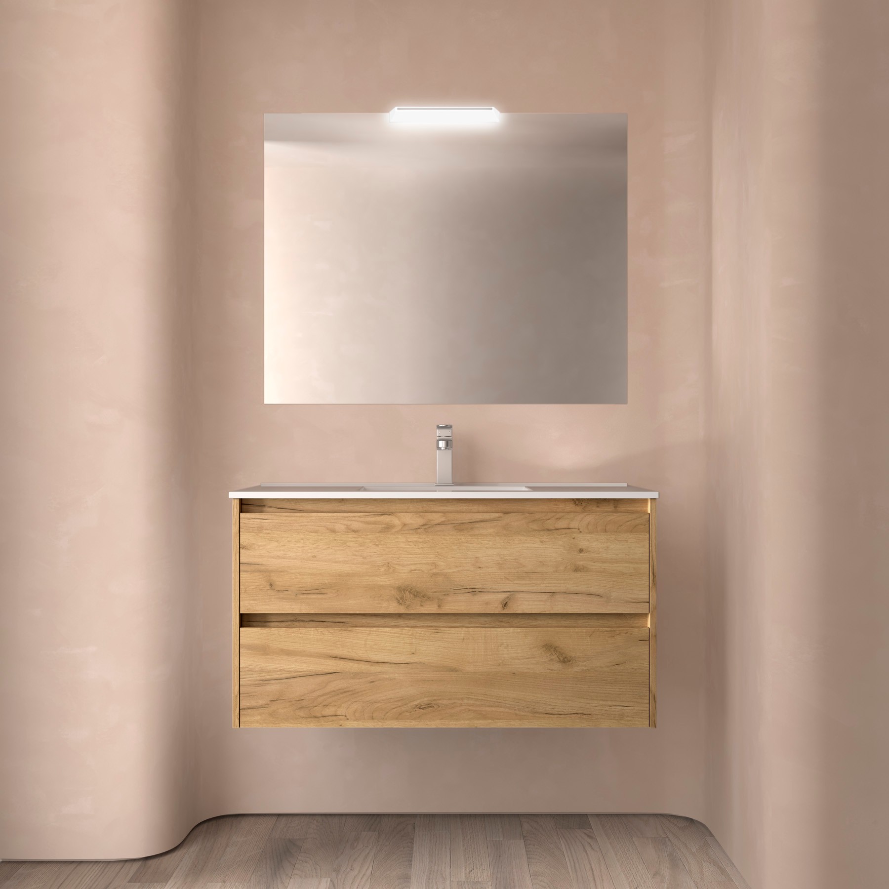 Photo Meuble salle de bain NOJA 1000 2 tiroirs CHNE AFRICAIN Vasque Miroir Applique | Ref : 105433