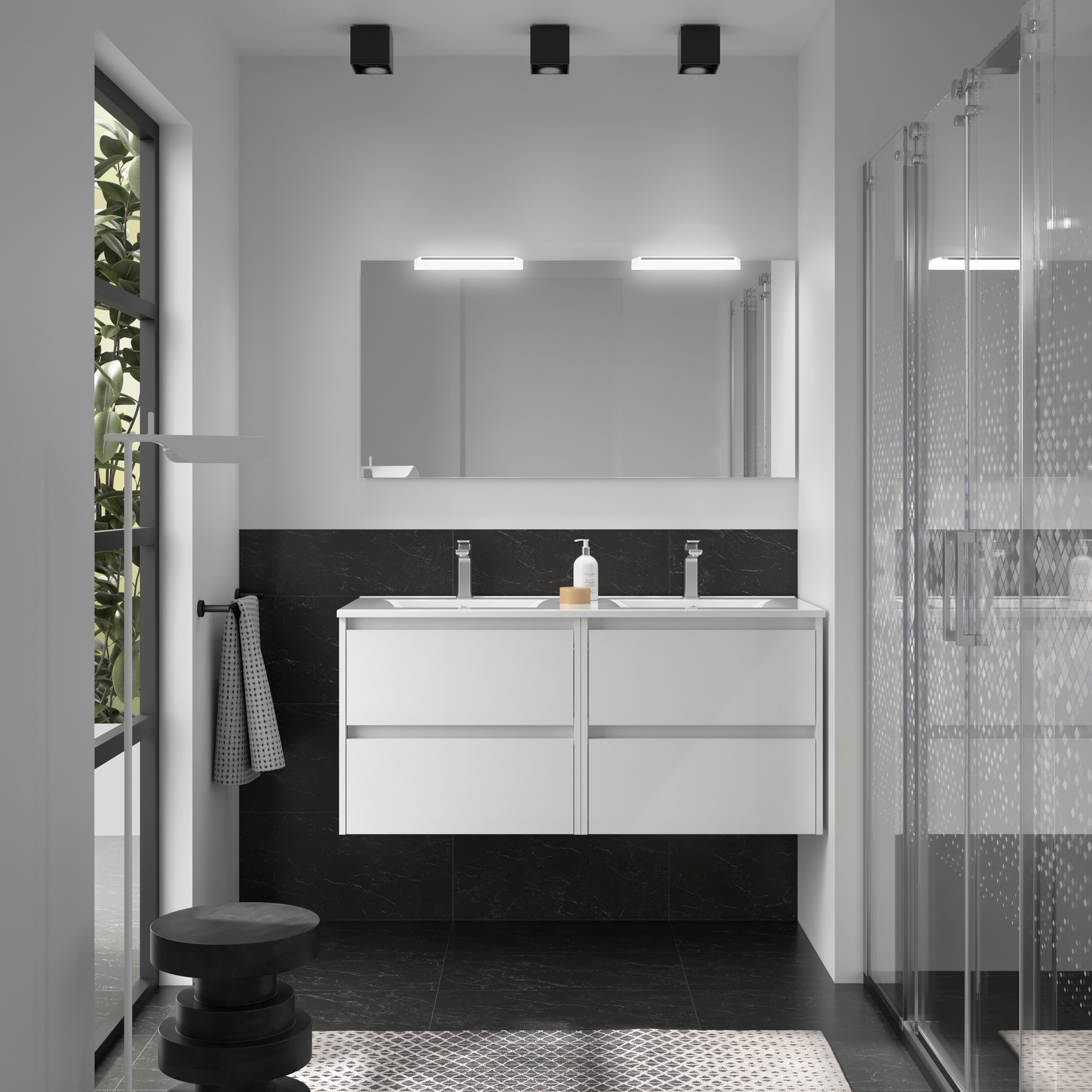 Photo Meuble salle de bain NOJA 1200 2 tiroirs WHITE SATIN Vasque Miroir Applique | Ref : 105436