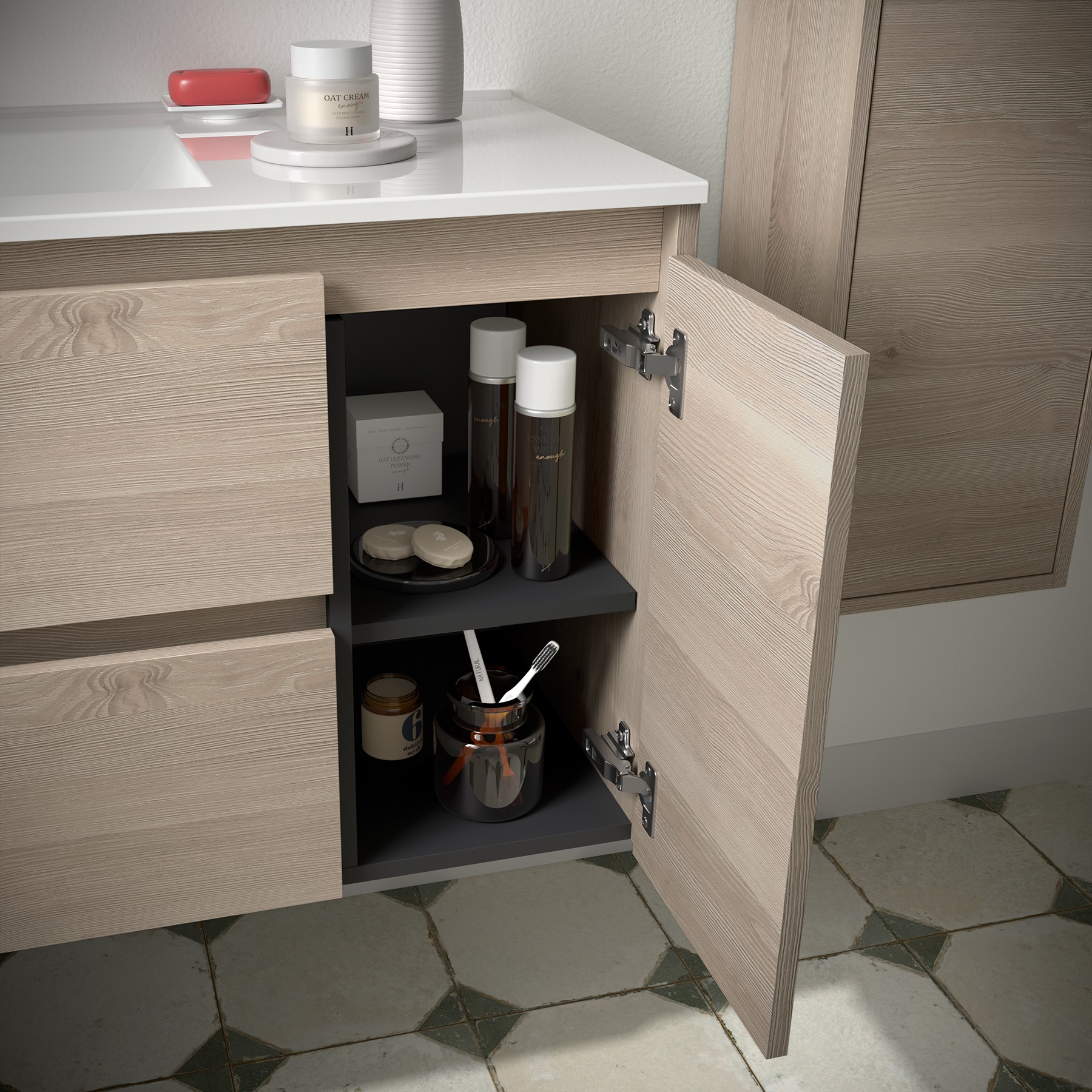 Vignette 2 produit Meuble salle de bain NOJA 850 2 tiroirs et 1 porte droite CHNE NATUREL Vasque Miroir Applique | Ref : 105405