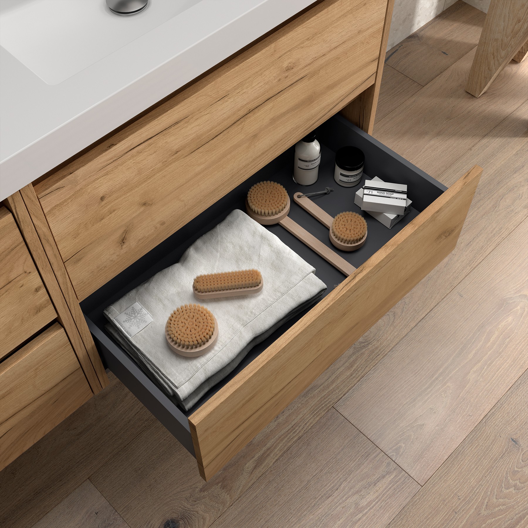 Vignette 3 produit Ref : 105379 | Meuble salle de bain NOJA 600 2 tiroirs CHNE AFRICAIN Vasque Miroir Applique