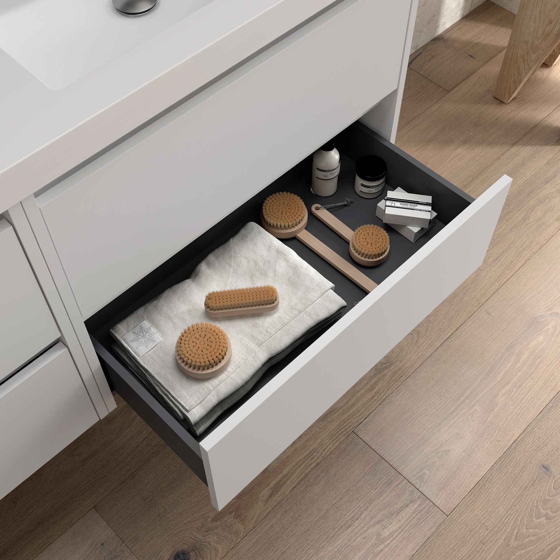 Vignette 3 produit Ref : 105391 | Meuble salle de bain NOJA 800 2 tiroirs WHITE SATIN Vasque Miroir Applique