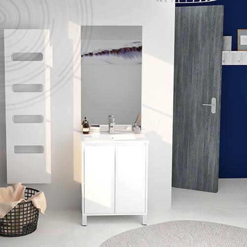 Photo Meuble  poser ODESSA + miroir affleurant - Largeur : 60cm - Finition : Blanc | Ref : 401511501