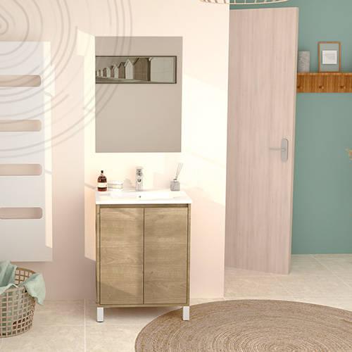 Photo Meuble  poser ODESSA + miroir suspendu - Largeur : 80cm - Finition : Bois | Ref : 401511508