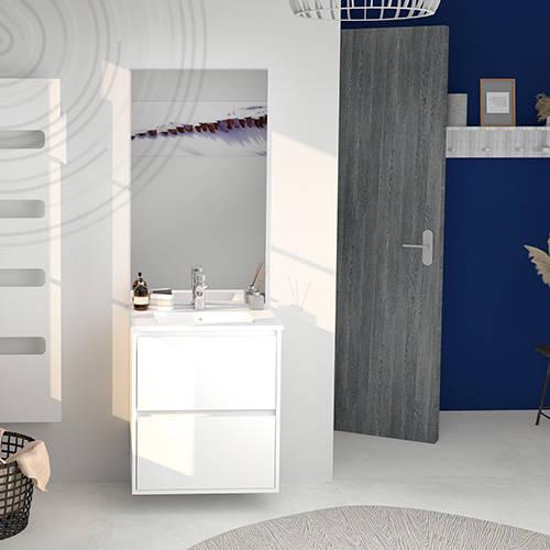 Photo Meuble suspendu ODESSA + miroir affleurant - Largeur : 60cm - Finition : Blanc | Ref : 401512001