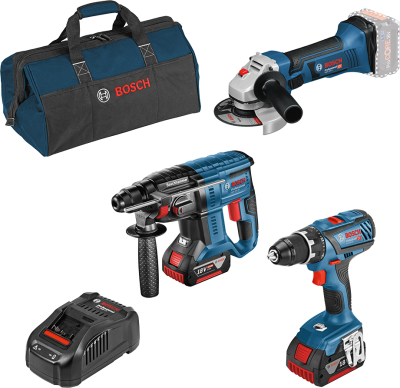 Combi-kit 3 outils 18V : GSR + GWS + GBH + 2 batteries ProCORE18V (1 de 4,0  Ah + 1 de 8,0 Ah) + chargeur GAL + sac à outils