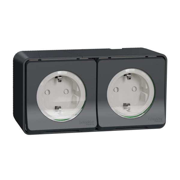 Photo Mureva Styl - Double PC 2P+T schuko pr�c�bl�e horiz - saillie - IP55 IK08 - gris | Ref : MUR36029