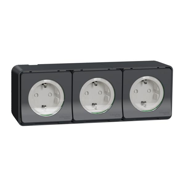 Photo Mureva Styl - 3 PC 2P+T schuko horiz pr�c�bl�es - saillie - IP55 - IK08 - gris | Ref : MUR36038