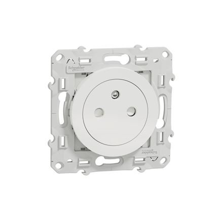 Photo Odace - prise de courant - 2P+T - affleurante avec griffes - spécial pour rénovation- blanc - fixation par vis - Raccordement : 1 x 1.5 à 2 x 4 mm² souple / rigide / multibrin - bornes automatique - 16 A - 250VCA 50 Hz - NF - IK04 - IP21D | Ref : S525052