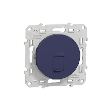 Photo Odace - prise de communication simple - bleu cobalt - RJ45 (8 contacts) Cat.6 STP - grade2 TV min à grade3 TV (si câble < 50 m) + téléphone. data haut débit - fixation par vis - livré avec protection peinture - IP21 - IK04 | Ref : S550476