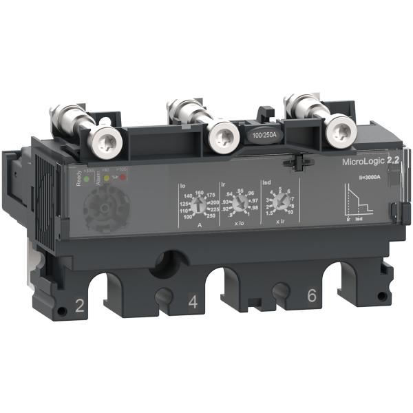 Photo Le dclencheur lectronique MicroLogic 2.2 est un appareil  composer avec un bloc de coupure de la gamme ComPacT NSX. Dot d\'un calibre 100A. en 3P3D. ce dispositif assure une protection de surcharge long-retard et instantane. | Ref : C1032D100
