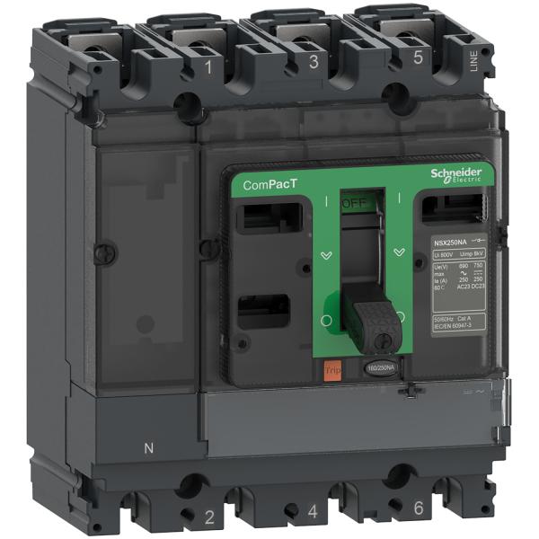 Photo L\'interrupteur-sectionneur NSX100NA est un appareil complet de la gamme ComPacT NSX. Avec un calibre de 100A. 4P. de catégorie d\'emploi AC-22A. AC-23A et DC-22A. DC-23A. il dispose d\'une commande par maneton pour un montage sur platine. | Ref : C104100S