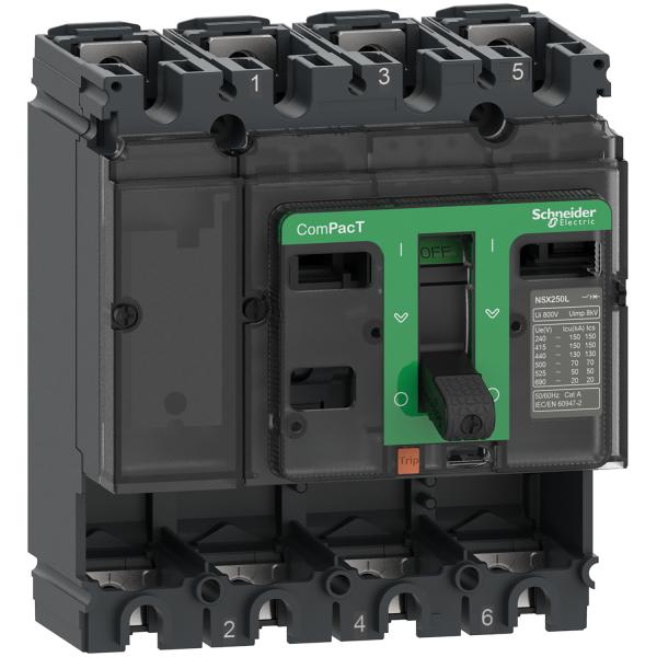 Photo Le bloc de coupure NSX100H est un appareil  composer de la gamme ComPacT NSX sans dclencheur. Avec un calibre 100A. en 4P PdC H. niveau de perfor. 70kA 380/415V. il dispose d\'une commande par maneton pour un montage sur platine. | Ref : C10H4