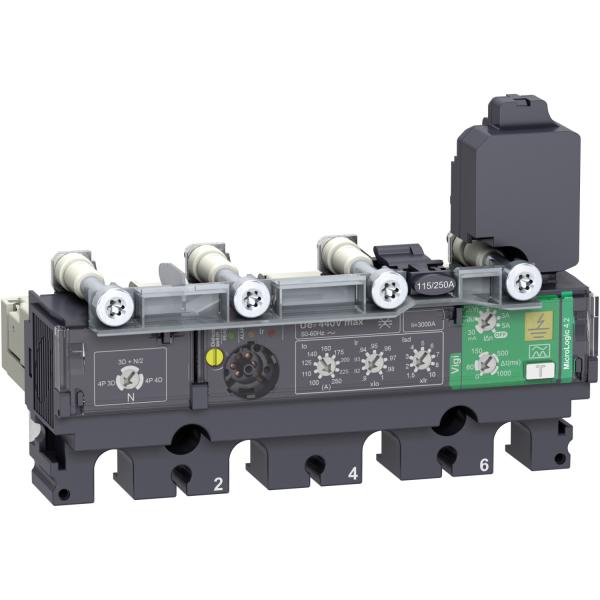 Photo Le déclencheur électronique MicroLogic 4.2 Vigi est un appareil à composer avec un bloc de coupure de la gamme ComPacT NSX. D\'un calibre 250A. en 4P4D. ce dispositif assure une protection de surcharge long-retard et instantanée. | Ref : C2544V250