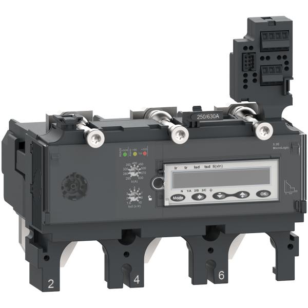 Photo Le dclencheur lectronique MicroLogic 5.2E est un appareil  composer avec un bloc de coupure de la gamme ComPacT NSX. D\'un calibre 630A. en 3P3D. ce dispositif assure une protection de surcharge long-retard. court-retard et instantane. | Ref : C6335E630