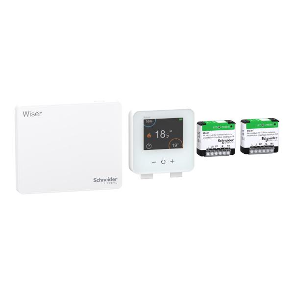 Photo Wiser - kit thermostat connect� pour radiateurs FIP �lectriques G�n�ration 2. le kit est compos� de 2 micormodules fil pilote pour pilotage de radiateur �lectrique en fil pilote. de un themrostat sans fils et d\'une passerelle Wiser Home | Ref : CCTFR6905FIPG2