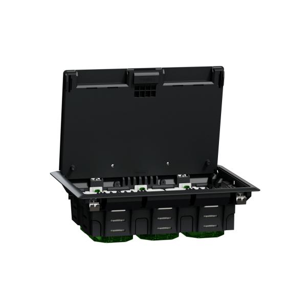 Photo Unica System + - boitier de sol L - 3x4 mod ou 6 postes - fixation rapide et couvercle avec sortie de cable -  IK08 - IP20 - compatible prise unica simple 45x45mm et double - longueur 275mm - largeur 200mm - hauteur 70mm - gris - plastique | Ref : INS52122