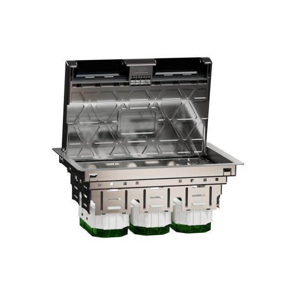Photo Unica System + - boitier de sol L - 3x4 mod ou 6 postes - fixation rapide et couvercle avec sortie de cable -  IK09 - IP20 - compatible prise unica simple 45x45mm et double - longueur 275mm - largeur 200mm - hauteur 70mm - gris - mtal | Ref : INS52123