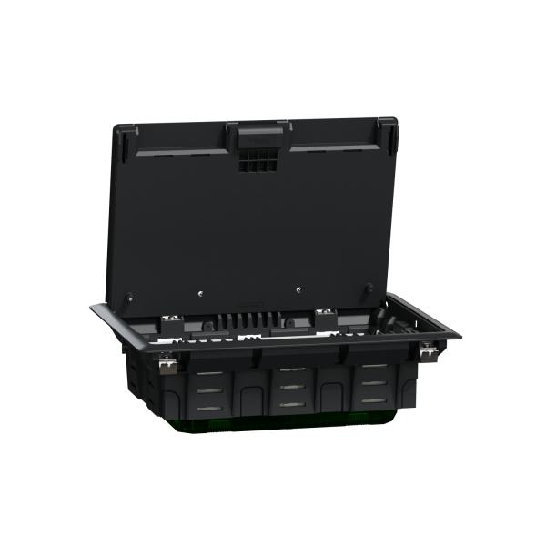 Photo Unica System + - boitier de sol L - 2x2x4 mod ou 8 postes - fixation rapide et couvercle avec sortie de cable - IK08 - IP20 - compatible prise unica simple 45x45mm et double - longueur 275mm - largeur 200mm - hauteur 70mm - gris - plastique | Ref : INS52124