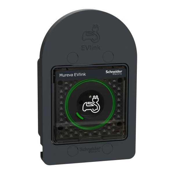 Photo Mureva EVlink - Prise de courant 2P+T renforcée - IP66 IK08 - pour véhicule électrique - avec indicateur de charge - avec patère intégrée - compatible Wiser - 16A 250VCA - 2.5 mm² - presse-étoupe inclus - gris RAL 7016 | Ref : MUR36014