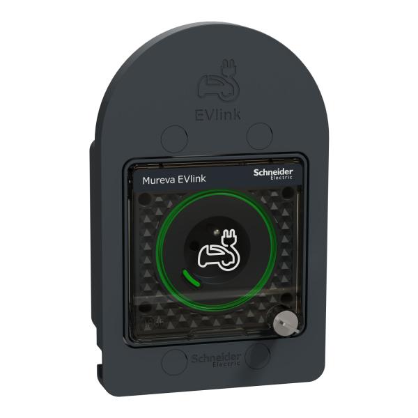 Photo Mureva EVlink - Prise de courant 2P+T renforc�e avec verrouillage cl� - IP66 IK08 - pour v�hicule �lectrique - avec indicateur de charge - avec pat�re int�gr�e - compatible Wiser - 16A 250VCA - 2.5 mm� - presse-�toupe inclus - gris RAL 7016 | Ref : MUR36015