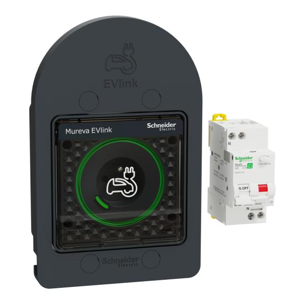 Photo Kit Mureva EVlink - Disjoncteur différentiel Resi9 R9PDCF16 et Prise de courant 2P+T renforcée - IP66 IK08 - avec indicateur de charge - avec patère intégrée - compatible Wiser - 16A 250VCA - 2.5 mm² - presse-étoupe inclus - gris RAL 7016 | Ref : MUR36016