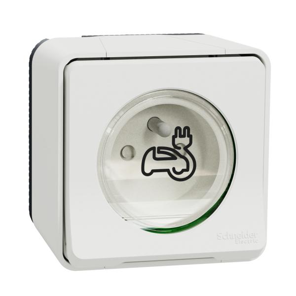 Photo Mureva Styl - Prise de courant 2P+T renforce - IP55 IK08 - pour vhicule lectrique - produit complet pour installation saillie - 16A 250VCA - 1  2.5 mm - blanc RAL 9003 - 76x76x64 mm | Ref : MUR39010