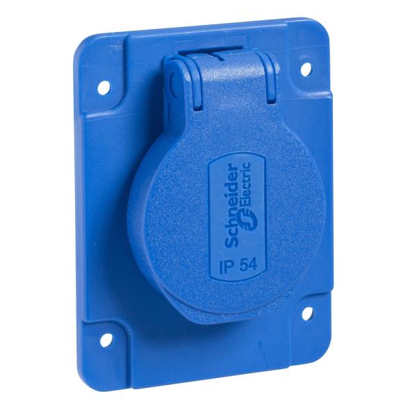 Photo PratiKa - socle de prise Schuko 65x85mm - 2P+T 10-16 A IP54 connex. arr. - bleu | Ref : PKS61B