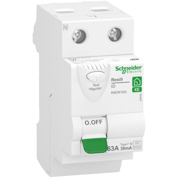Photo RESI9 XE - interrupteur différentiel - 2P - 63A - 30mA - Type Fsi - embrochable | Ref : R9ERF263