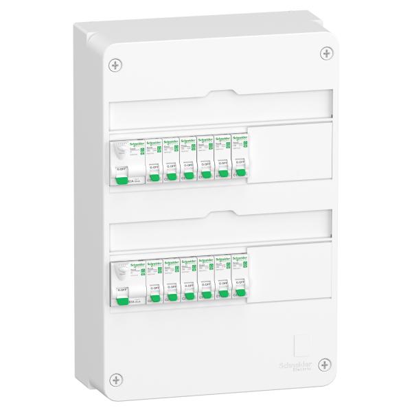 Photo Resi9 - tableau standard logement type T3 T4 - 2 ranges. technologie XE - H375mmxL252mmxP108mm - blanc (RAL 9003) - IP30 - 13 modules de 18mm (2 ranges) - compatibilit : Resi9 XE ID. Resi9 XE DM - installation en saillie | Ref : R9HPNFC15124P