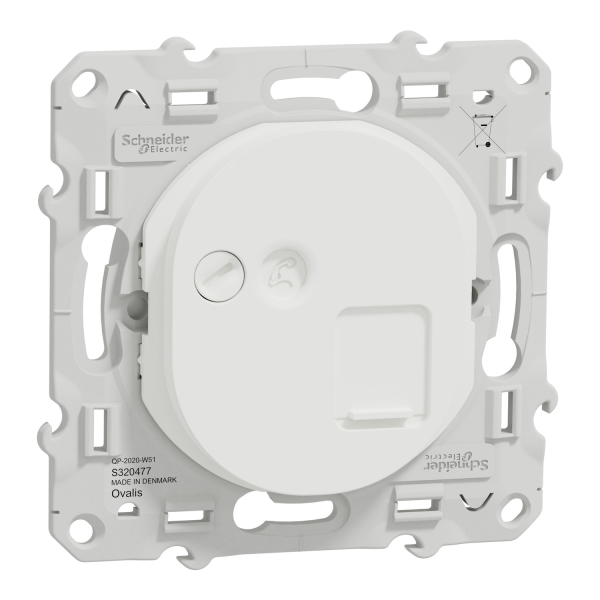 Photo Odace - prise de communication simple - blanc - RJ45 (8 contacts) Cat.6a STP - grade 3 TV + téléphone. data très haut débit - fixation par vis - livré avec protection peinture - IP21 - IK04 | Ref : S320477
