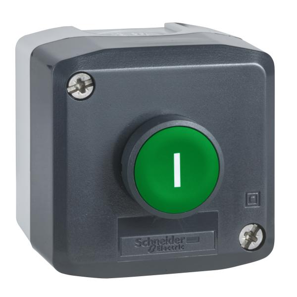 Photo Harmony XAL - boite 1 bouton poussoir affleurant vert 22 marquage 'I' - 1F+1O | Ref : XALD102E
