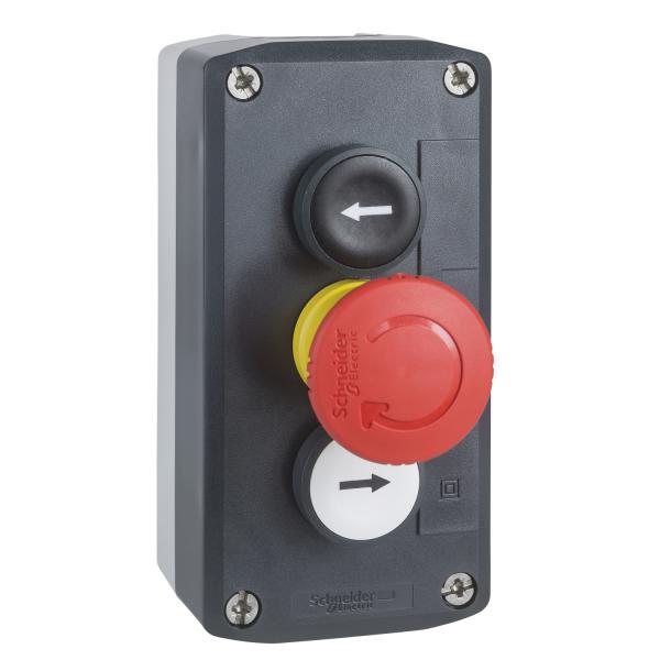 Photo Harmony boite - 3 boutons poussoirs 22 - blanc /coup de poing rouge 30 /noir | Ref : XALD328