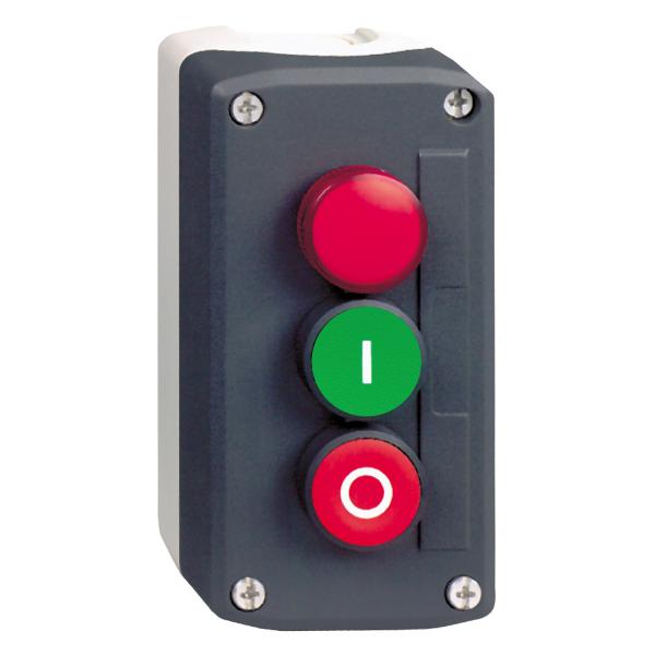 Photo Harmony boite - 3 boutons poussoirs Ø22 - vert /rouge/voyant rouge | Ref : XALD363B