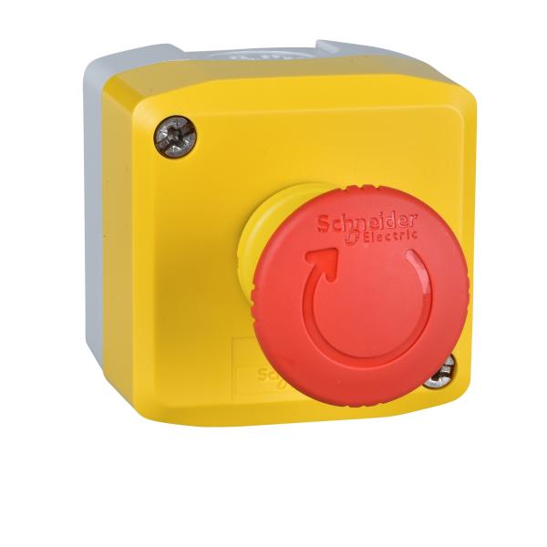 Photo Harmony XAL - boite jaune arrêt urgence rouge - pousser tourner - 1O - Ø40 | Ref : XALK178