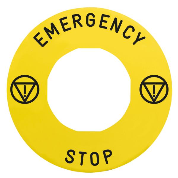 Photo Harmony tiquette circulaire 60mm jaune logo EN13850 EMERGENCY STOP pr ZBZ3605 | Ref : ZBY9330T     