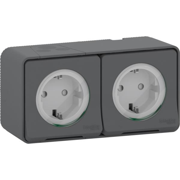 Vignette 2 produit Mureva Styl - Double PC 2P+T schuko pr�c�bl�e horiz - saillie - IP55 IK08 - gris | Ref : MUR36029