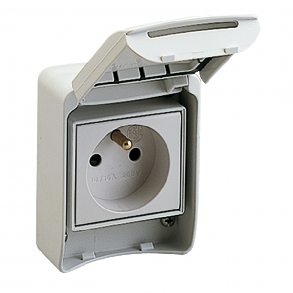 Vignette 2 produit PratiKa - prise de courant FR 2P+T - 65x85mm - 10/16A 250V - IP55 - gris RAL7035 | Ref : 81140