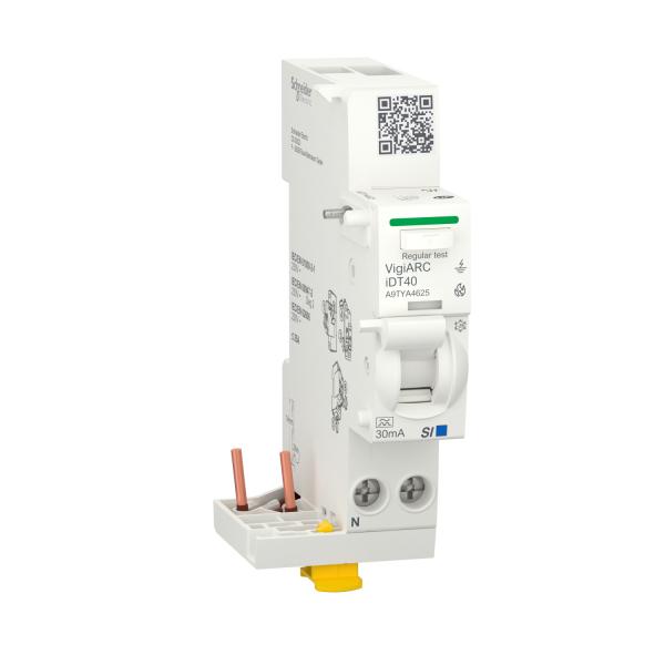 Vignette 2 produit Acti9 - Active iDT40 module détecteur arc différentiel 30mA ASI- 1PN 25A - H91mmxL36mmxP73mm - IP20 - position du pôle neutre : gauche - 2 pas de 9 mm - blanc (RAL 9003) - temporisation protection différentielle : instantanée | Ref : A9TYA4625