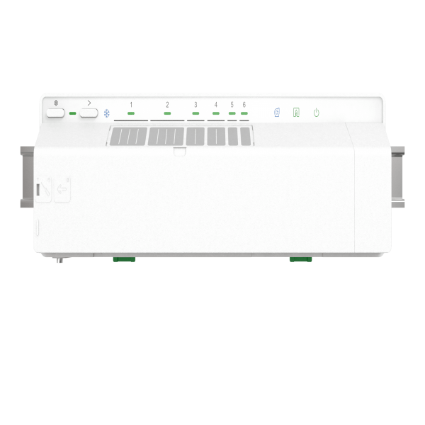 Vignette 2 produit Wiser - actionneur de plancher chauffant hydraulique - permet de gérer via l\'application Wiser le fonctionnement des planchers chauffant allant jusqu\'à 6 zones ainsi que la programmation de période de chauffe - alimentation 230Vca | Ref : CCTFR6600