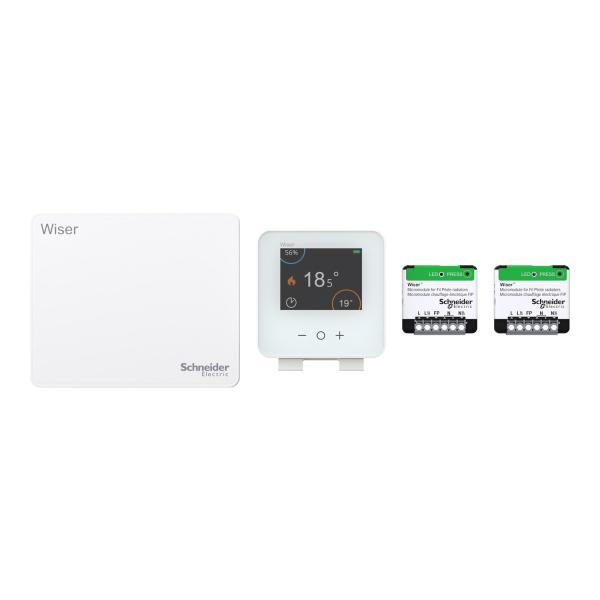 Vignette 2 produit Wiser - kit thermostat connect� pour radiateurs FIP �lectriques G�n�ration 2. le kit est compos� de 2 micormodules fil pilote pour pilotage de radiateur �lectrique en fil pilote. de un themrostat sans fils et d\'une passerelle Wiser Home | Ref : CCTFR6905FIPG2