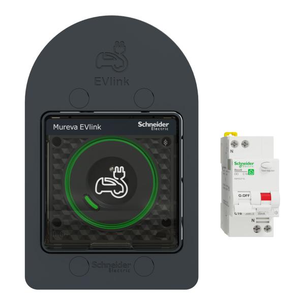 Vignette 2 produit Kit Mureva EVlink - Disjoncteur différentiel Resi9 R9PDCF16 et Prise de courant 2P+T renforcée - IP66 IK08 - avec indicateur de charge - avec patère intégrée - compatible Wiser - 16A 250VCA - 2.5 mm² - presse-étoupe inclus - gris RAL 7016 | Ref : MUR36016
