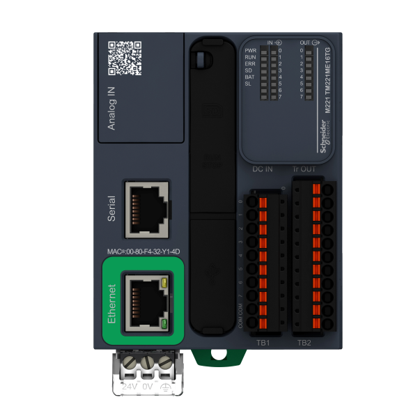 Vignette 2 produit Modicon M221 Book, contrleur 16E/S PNP, port Ethernet+srie, 24VCC, ressort | Ref : TM221ME16TG