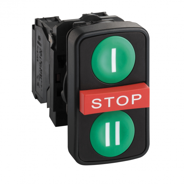 Vignette 2 produit Harmony XB5 - bouton 3 touches - 22 - vert/vert/rouge - 1O+2F - vis trier | Ref : XB5AA731327