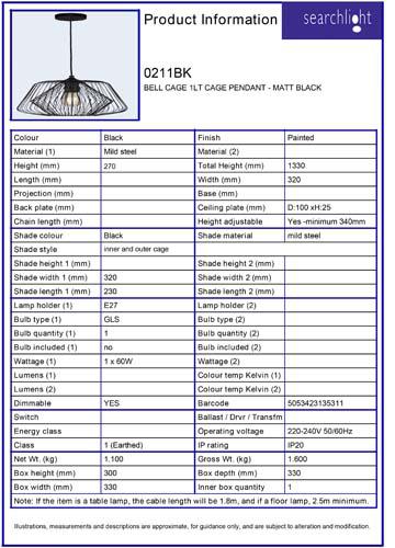 Vignette 3 produit Ref : 0211BK | BELL CAGE 1LT CAGE PENDANT - MATT BLACK