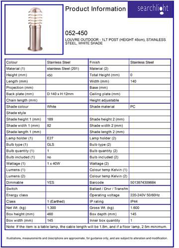 Vignette 3 produit Ref : 052-450 | LOUVRE OUTDOOR - 1LT POST (HEIGHT 45cm),