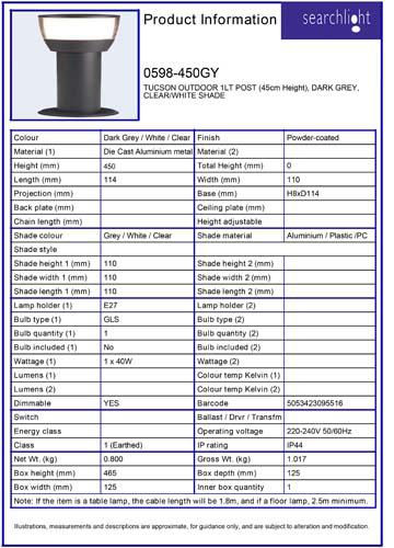 Vignette 3 produit Ref : 0598-450GY | TUCSON OUTDOOR 1LT POST (45cm Height), D