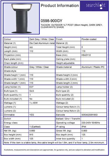 Vignette 3 produit Ref : 0598-900GY | TUCSON  OUTDOOR 1LT borne (90cm HAUTEUR)