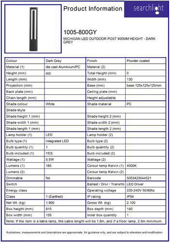 Vignette 3 produit Ref : 1005-800GY | MICHIGAN EXTERIEUR LED borne 800MM HAUTE