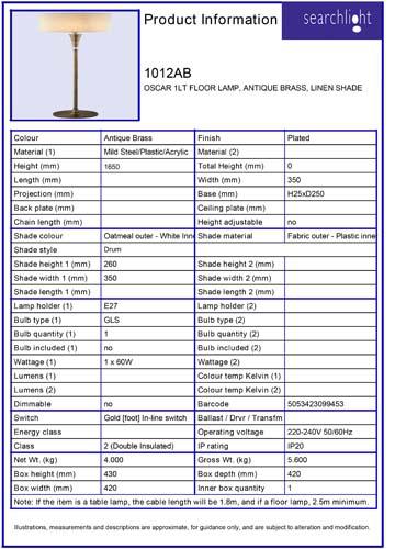 Vignette 3 produit Ref : 1012AB | OSCAR 1LT FLOOR LAMP, ANTIQUE BRASS, LIN